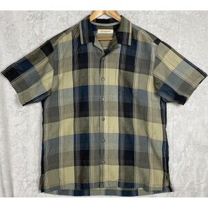 Tommy Bahama Mens Silk Shirt Large Plaid Gray Tan Skater Linen Camp Grunge Punk